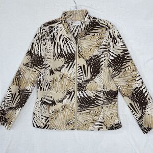 Zenergy‎ by Chicos Women's M Palm Leaf Print Zip Up Lightweight Jacket Gold Tan